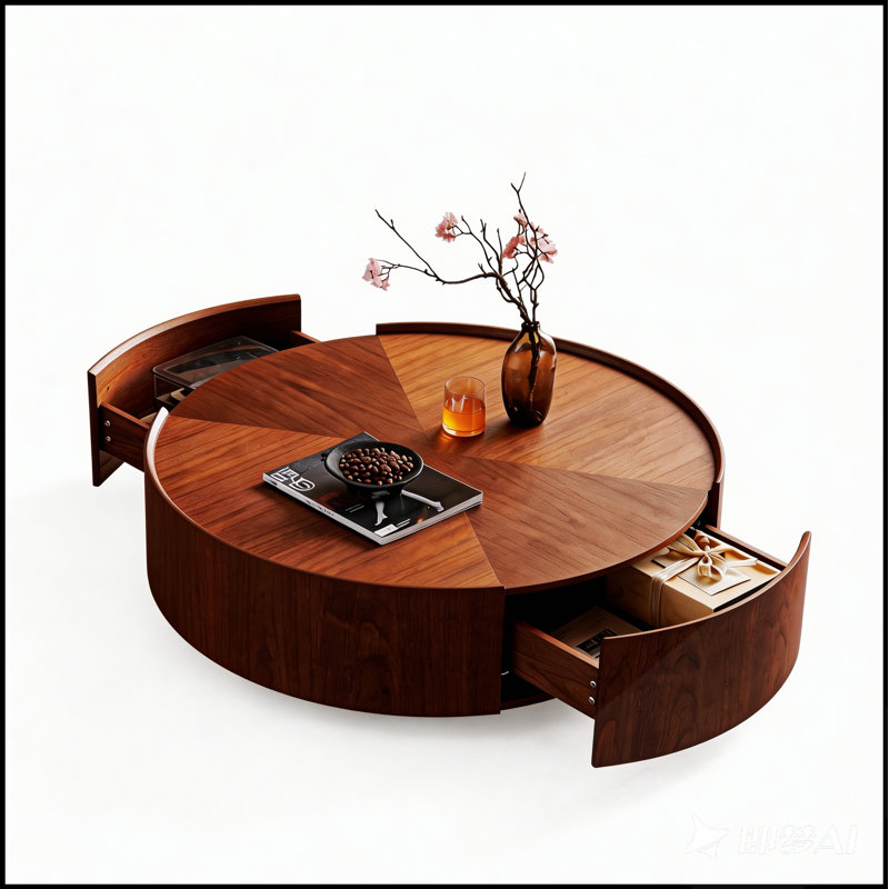 Table basse ronde en noyer de 90 cm de diamètre, idéale pour les salons, les chambres et les bureaux, design polyvalent et élégant.