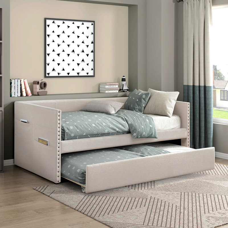 Lit de jour moderne avec lit gigogne escamotable et poches latérales avec garniture cloutée et mobilier de chambre à coucher 1 pièce