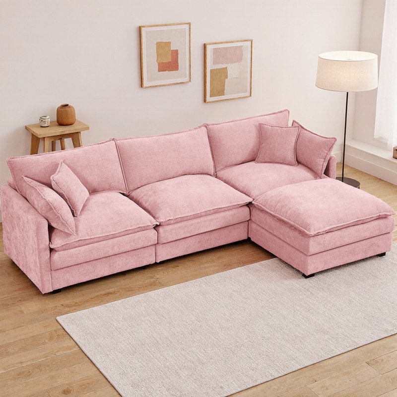 102" L-Shaped Modular Sectional Sofa with Movable Ottoman, 3-Seater Cloud Couch with Chenille Fabric & High-Resiliency Foam, DIY Combination, Easy Assembly Required