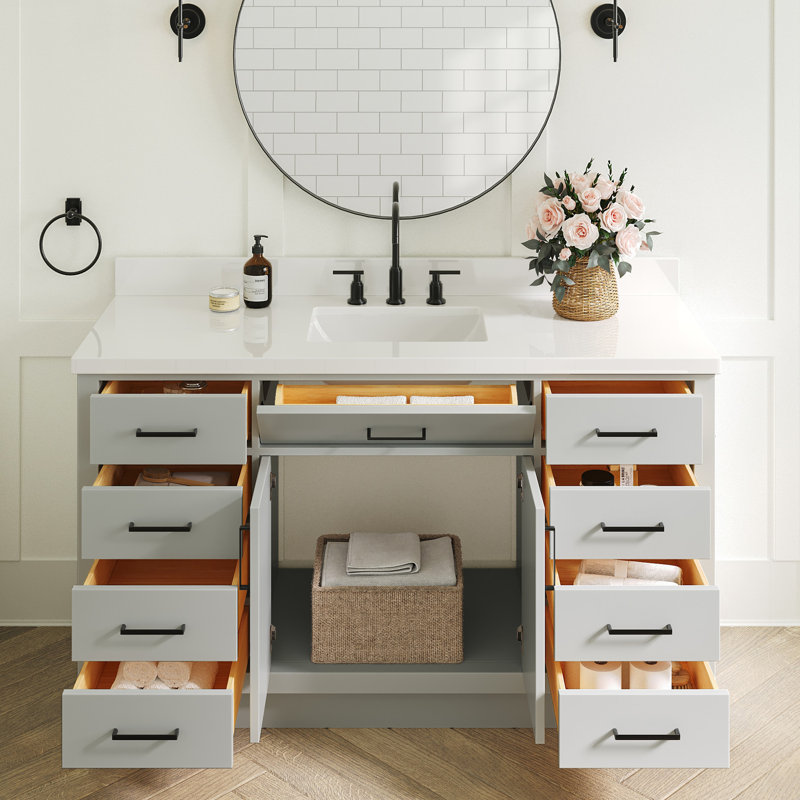 Tidworth Solid Wood Single Bathroom Vanity with 1.5'' White Quartz Top, Rectangular, Gray