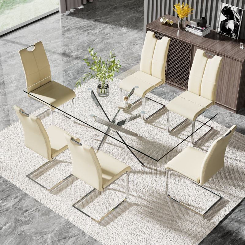 Modern 71in Glass Dining Table Set with Luxury Faux Leather Dining Chairs, 7, Yellow, Silver