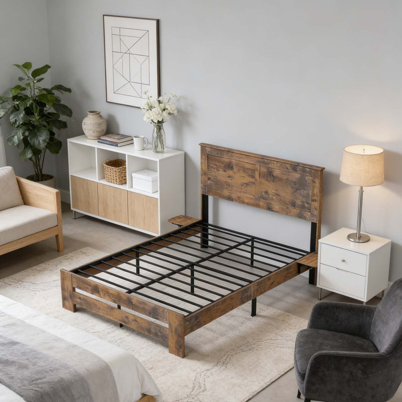 Farmhouse Platform Bed with Headboard Storage Shelf, King Size