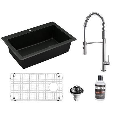 Karran Quartz 33'' X 22'' Single Bowl Drop-in Kitchen Sink With KKF220 Faucet in Stainless Steel -  QT670BL220SS