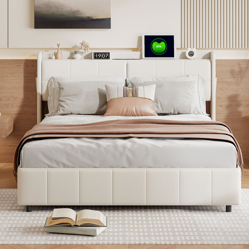 PU Upholstered Bed With USB Charging Ports And 4 Storage Drawers, European Kingsize (160 x 200 cm)