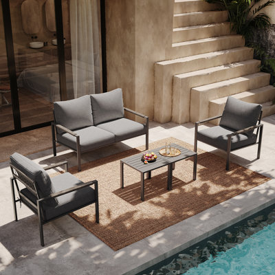 Ensemble de mobilier d'extérieur 5 pièces avec coussins en oléfine, 2 tables basses, ensemble de canapé en métal et causeuse