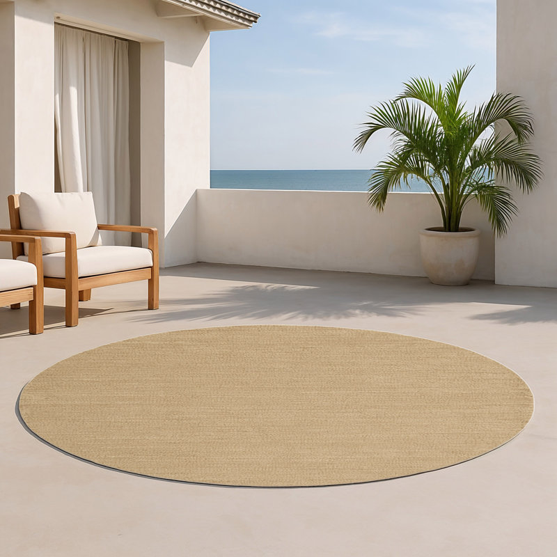 Tapis beige uni d'intérieur et d'extérieur, Rond 5 pi