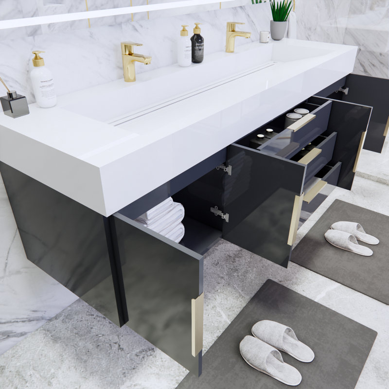Glasgow 72'' Double Bathroom Vanity with Acrylic Top, High Gloss Dark Gray