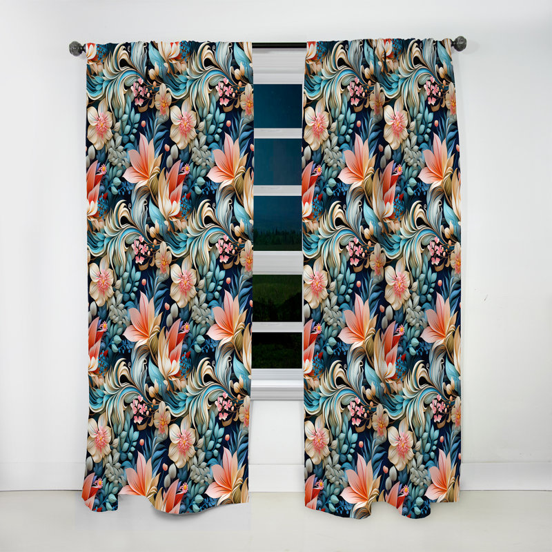 Motif botanique à motif cachemire bleu et rose II - Rideau floral - Velours obscurcissant - 1 panneau, L 52 po x L 95 po