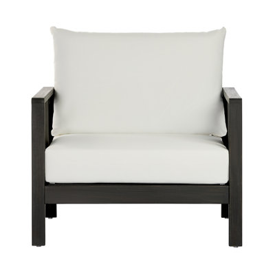 Fauteuil club d'extérieur, structure en bois d'acacia avec accents textilène noir, coussins blancs hydrofuges pour patio / cour arrière / terrasse