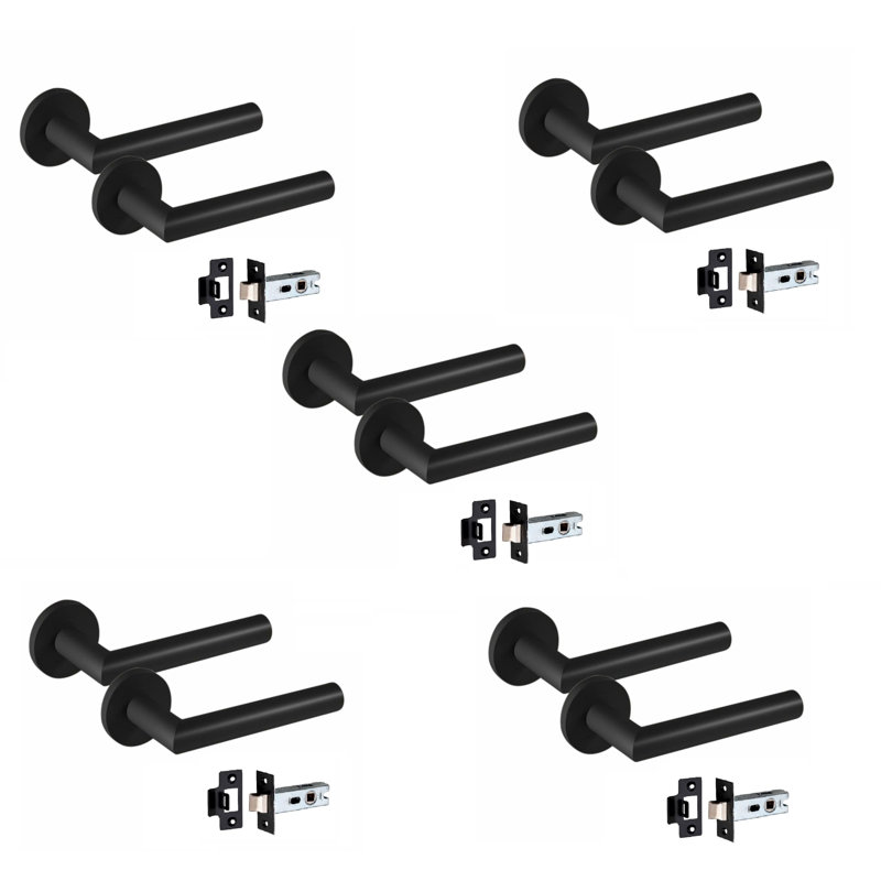 5 Pairs Mitred Design Door Handles on Round Rose in Matt Black Finish with 2.5" Tubular Latch - 52mm Diameter, Matte Black