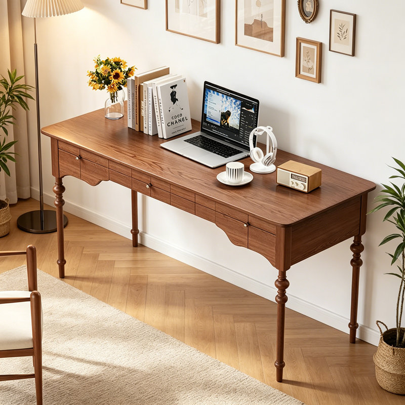 Bureau vintage en bois massif avec 3 tiroirs, H 29,92 po x l 55,12 po x P 23,62 po