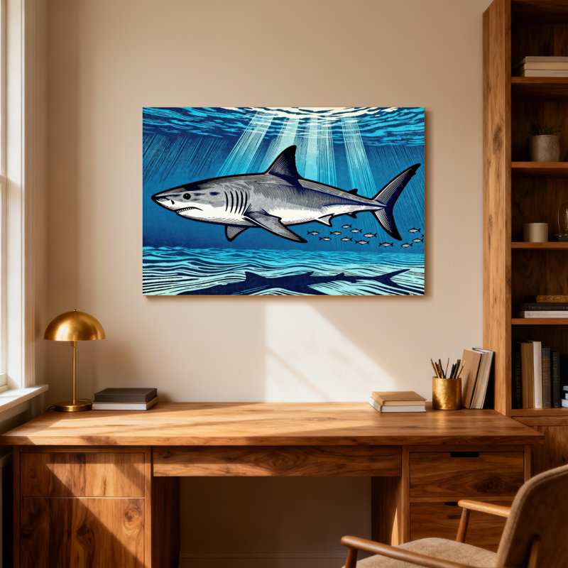 Animals Shark Underwater Ocean Scene With Sunlight, 12" H x 18" W
