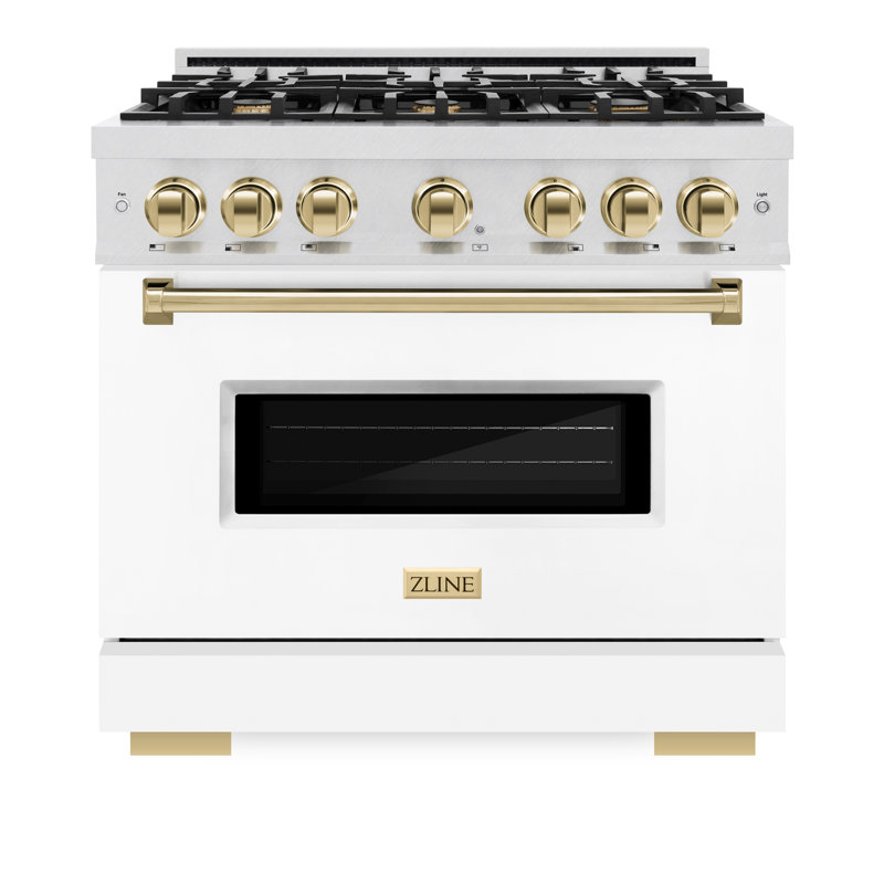 ZLINE Autograph 36" Classic DuraSnow Gas Range w/ Black Door & Bronze Accents, Gold/White