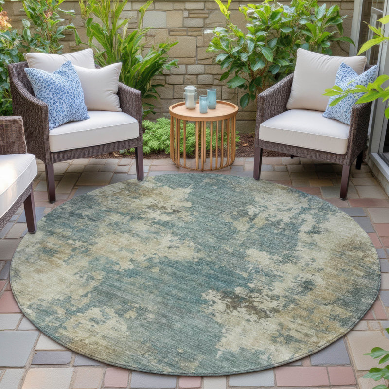 Machine Washable Indoor/Outdoor Xhevrie Teal Rug, Round 8'