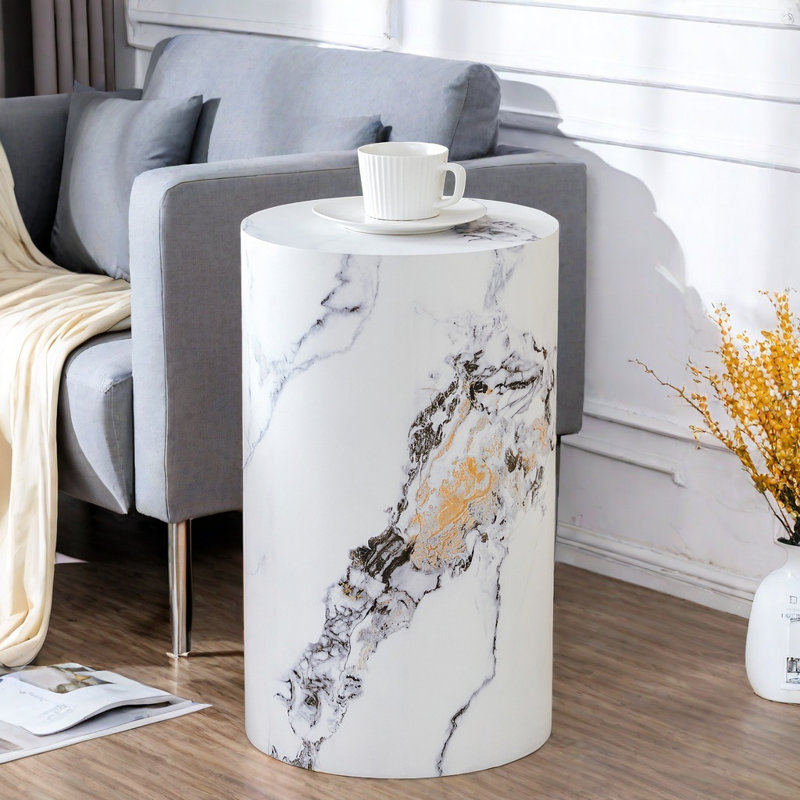 Table basse cylindrique Brayden Studio®, table de bout en MDF avec pieds antidérapants, table d'appoint circulaire avec motif pour le salon, le bureau, la salle à manger et l'appartement (12 po x 12 po x 19,7 po blanc)