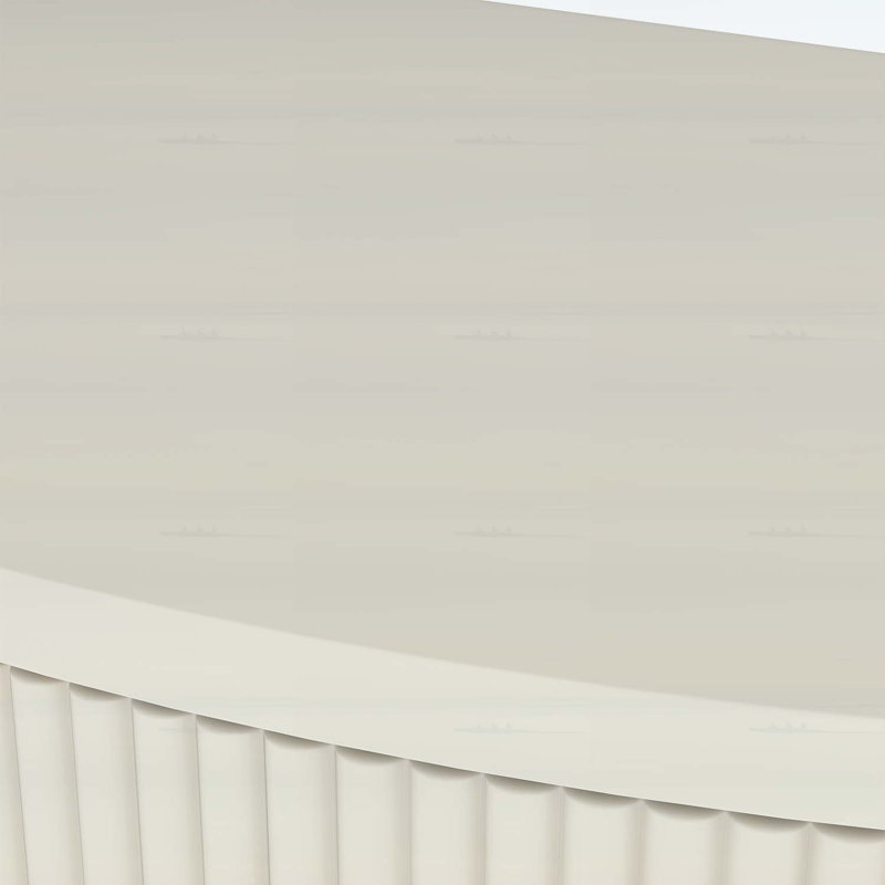 Console demi-lune artisanale à motif ondulé avec finition blanc crème, design unique en demi-lune avec tiroirs de rangement et tablette inférieure