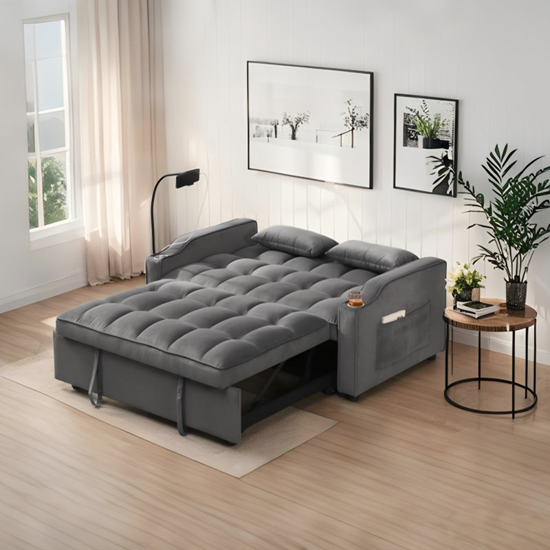 Canapé-lit convertible 3 en 1, canapé-lit futon en velours moderne avec lit escamotable, petit canapé-lit avec dossier ajustable, coussins décoratifs, poches
