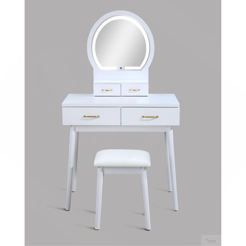 3Pc Vanity Table And Stool Set Built-In Led-Lit Mirror Matching Cushioned Stool Gold-Accented Handles Wooden Home Furniture White
