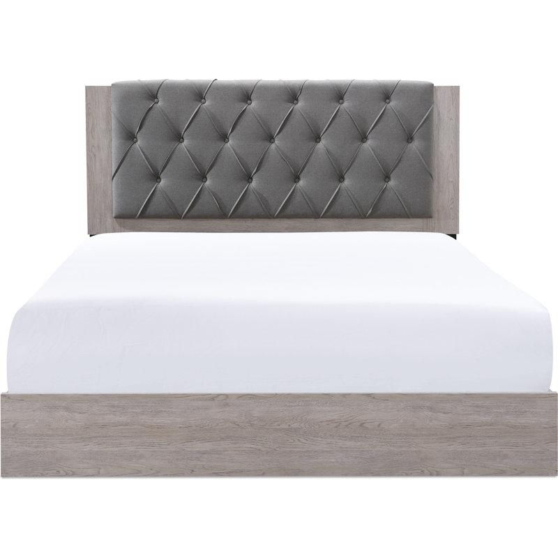 ClickDecor Kenton Panel Bed Frame with Diamond Tufted Upholstered Headboard, Light Gray, King