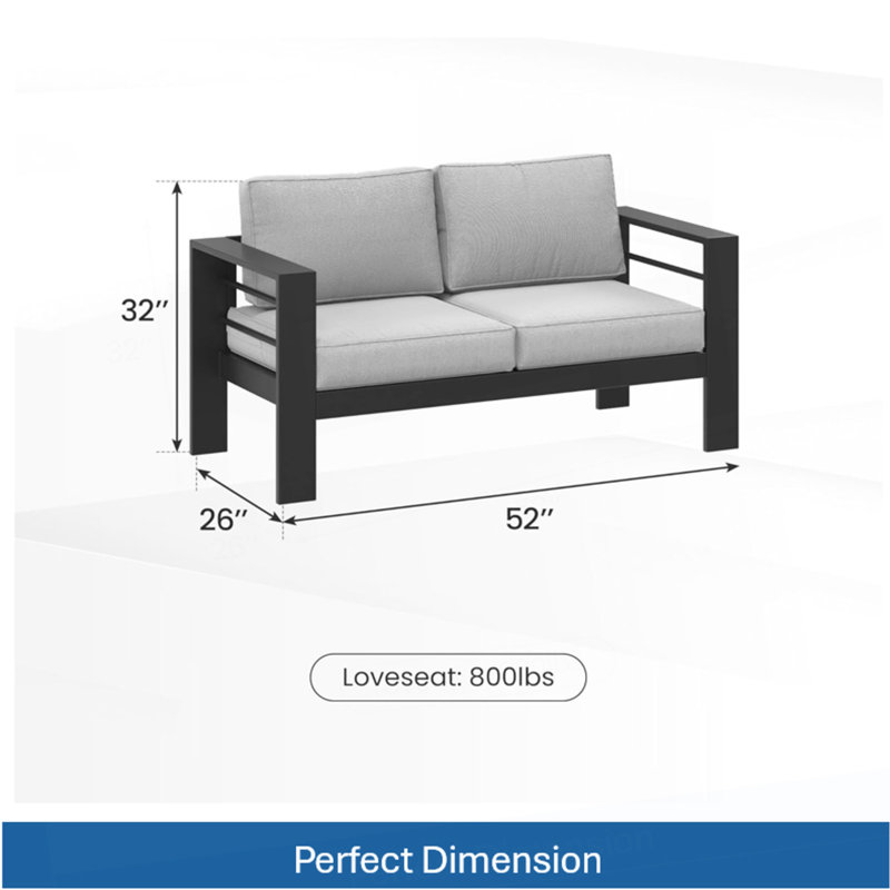 Causeuse de terrasse 52 po toutes saisons en métal avec coussins gris clair épais et structure noire, Black+Grey