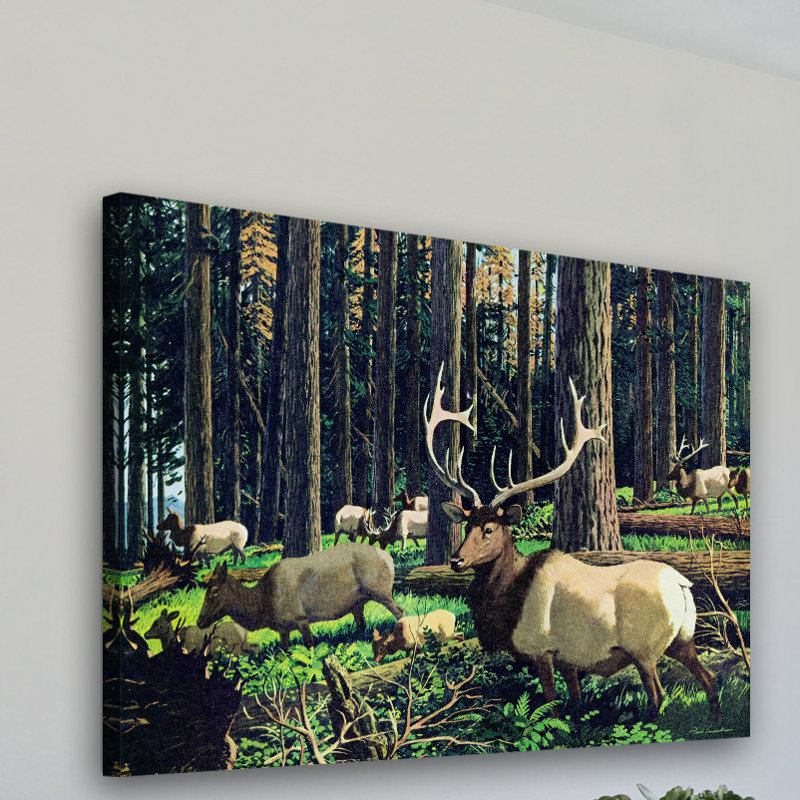 Rustic Elk Herd Canvas Print in Forest Setting, 40" x 60"