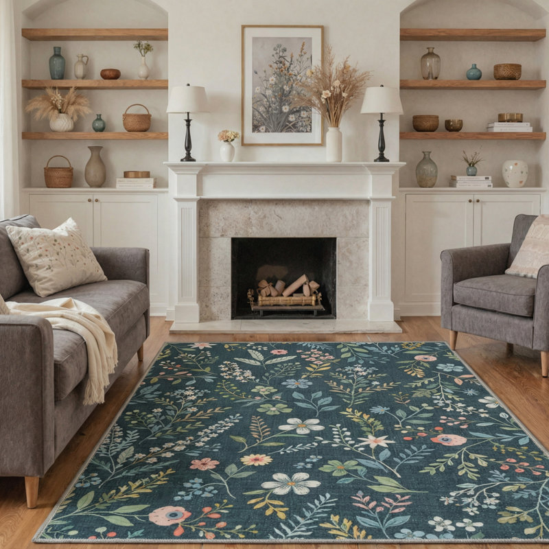 Cogswell BloomScape Floral Machine Washable Blue / Green Indoor Area Rug with Non-Slip Backing, Rectangle 5' x 7'