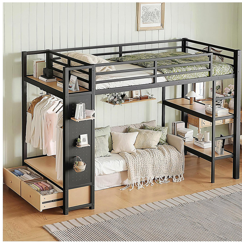 Twin XL size Loft Bed Frame with Wardrobe,Metal Loft Bed with Storage Shelves and Pegboard,Black