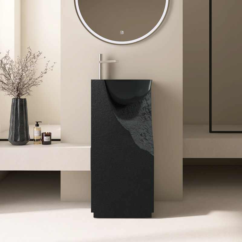 Lavabo sur pied 15 1/2 "à surface solide avec lavabo sur pied brillant et façade ciselée, Noir