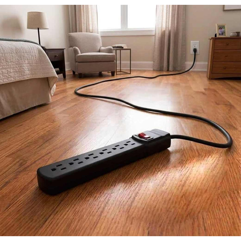 2 Ft Power Strip Surge Protector,  6 Outlet power strip With 90 joules Surge , Heavy Duty Plug, Grounded, Integrated Circuit Breaker, 3-Prong, Wall Mount