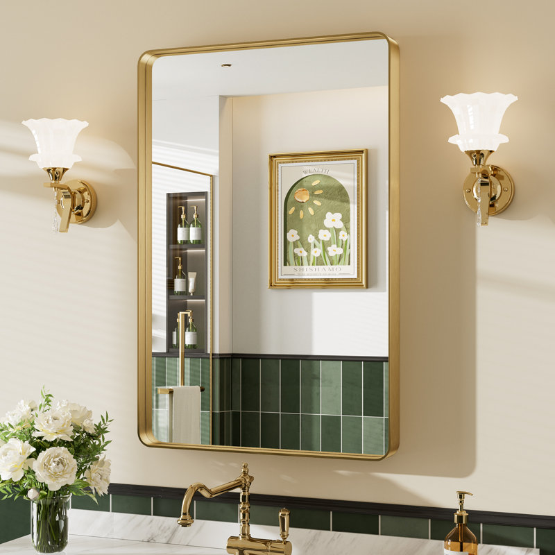 Miroir de salle de bain mural Llesenia, 36 po x 24 po, Or brossé, Rectangulaire