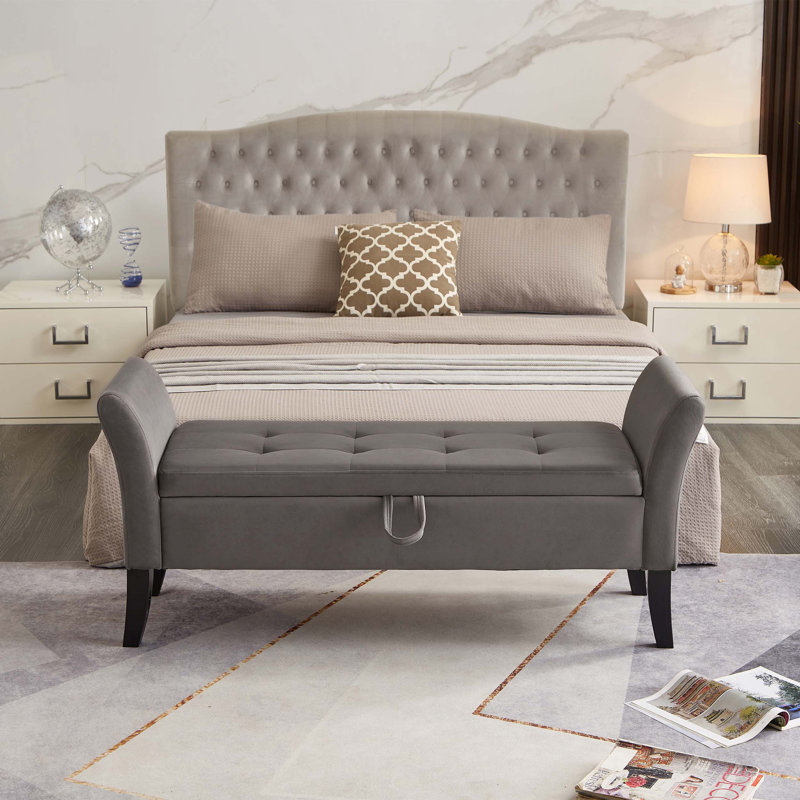 Banc de rangement rembourré en velours, gris