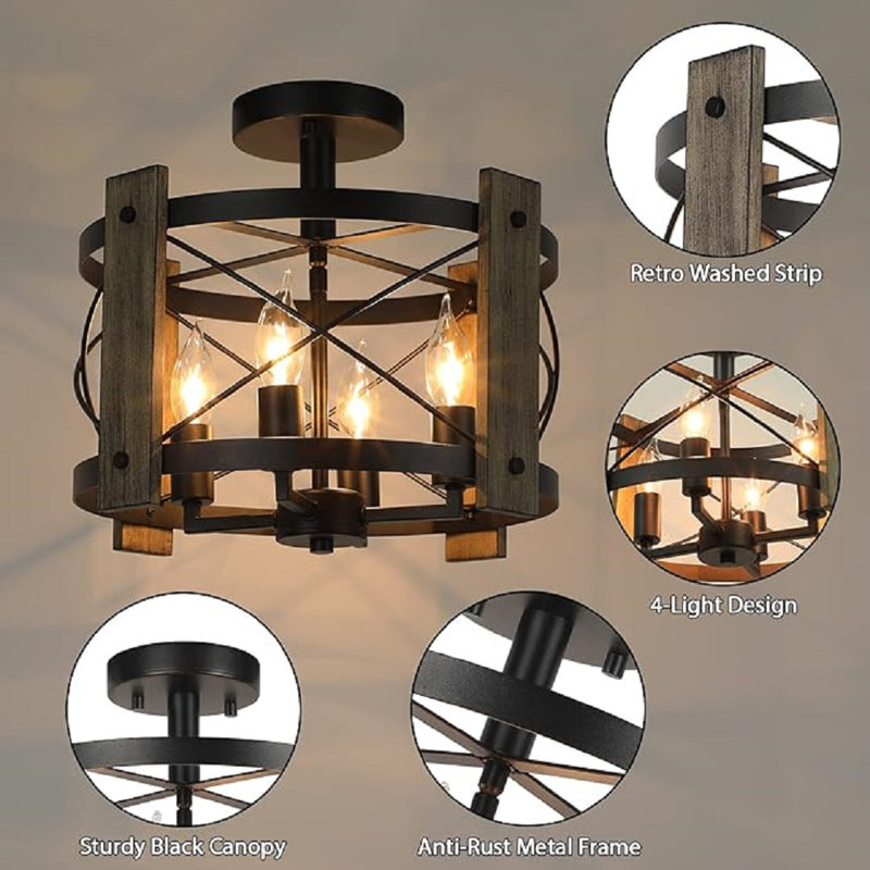 Black and Wood Grain Farmhouse Rustic Semi Flush Mount Ceiling Light