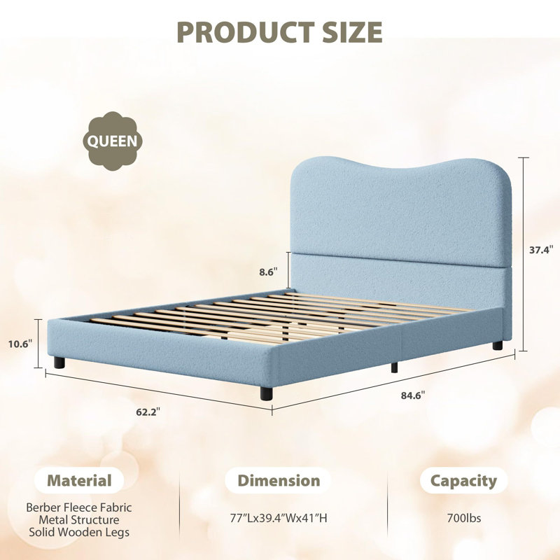 Low Profile Sturdy Platform Bed, With Velvet Upholstered Headboard, Strong Wooden Slats, Blue, Queen