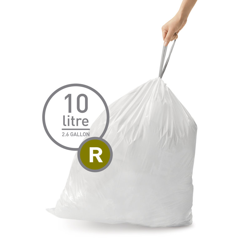 Simplehuman Code R Custom Fit Drawstring Trash Bags, 10 Liter / 2.6 Gallon, White, 60 Count