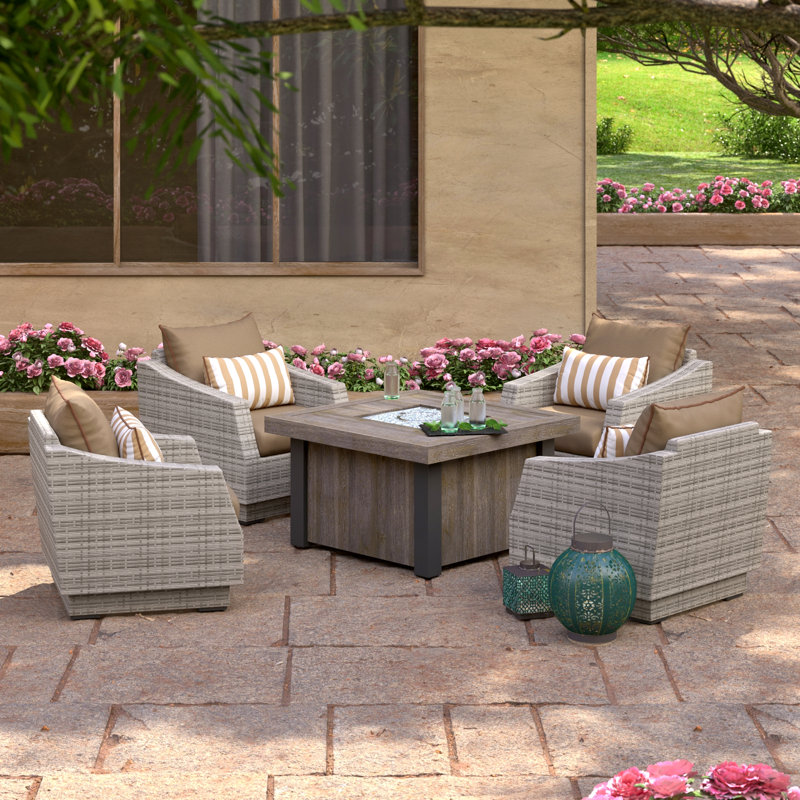 Bafra 5 Piece Sunbrella Outdoor Fire Chat Set - Maxim Beige