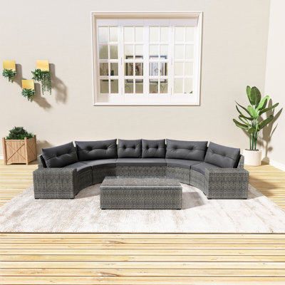 Ensemble de canapé rond 8 pièces en rotin PE, mobilier de patio courbé demi-lune toutes saisons avec table basse rectangulaire, coussin mobile, idéal pour le jardin, la cour et la piscine, gris