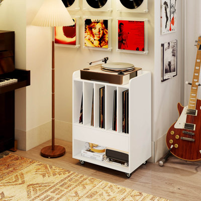 Record Player Stand with Drawer & Record Holder,Lockable Wheels for Living Room White