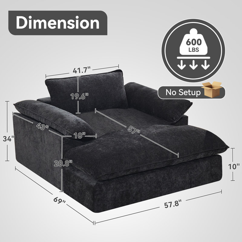 Chaise longue surdimensionnée 69 po en chenille désossée sans assemblage, Gris foncé