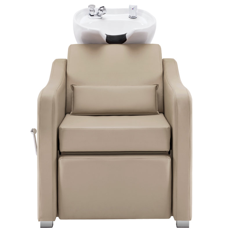 Backwash Shampoo Station Chair, Adjustable Ceramic Hair Wash Bowl with Chair, Cream Faux Leather