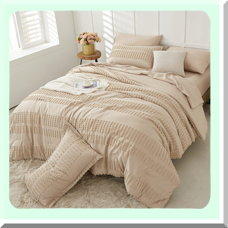 Boho Pom Pom Queen Comforter Set - 7 Piece Bedding Set with Sheets, All Season Microfiber Bed in a Bag - Queen Bed Set - Tufted Comforter Set