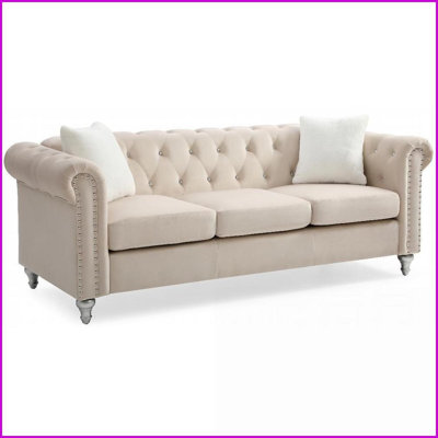 Raisa Classic Tufted Micro Suede Velvet Living Room Sofa with Pillows – Durable Cushions | Black | Velvet | Rolled Arms