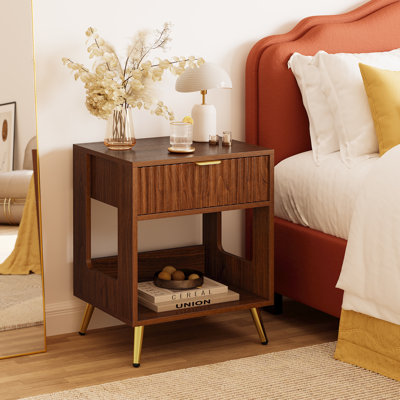 Table de chevet de 17,7 po x 15 po avec 1 tiroir et 1 tablette, table de chevet en bois pour la chambre à coucher, table de bout avec casier de rangement ouvert pour le bureau et les petits espaces, table d'appoint de style moderne Mid-Century pour le sa
