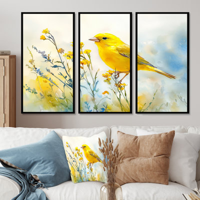 Oiseau pinson sur une tige de fleur sauvage II - art mural oiseau - ensemble de 3
