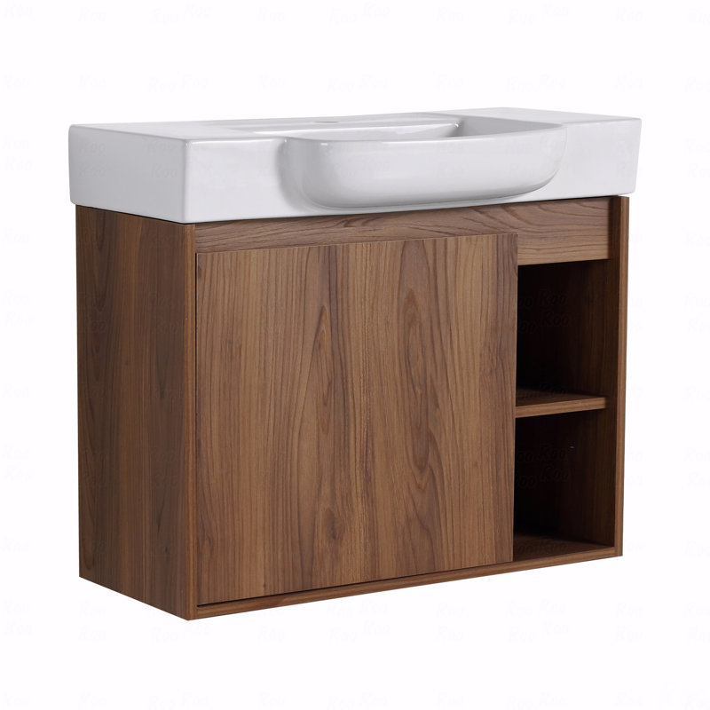 Meuble-lavabo mural 28 po avec lavabo en céramique blanche et porte à fermeture en douceur 28 po, 28", Marron foncé