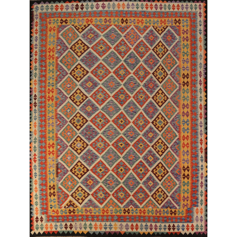 Tapis oriental coloré en laine à motif treillis kilim 8 x 10