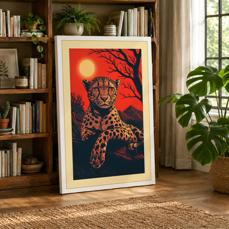Leopard at Sunset Boho 1 Piece Wrapped Canvas Wall Art, 36x24 - 91.4 x 61.0 cm, Cream Border