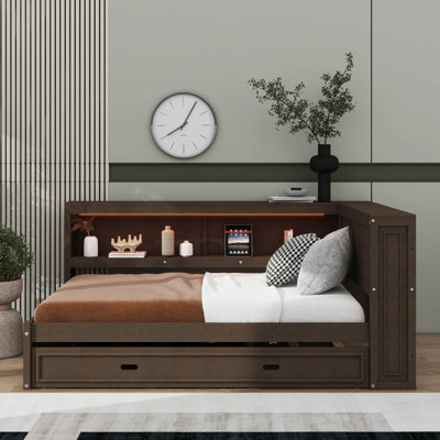 Full Size  Multifunctional Daybed With L-Shaped Trundle Frame Storage Shelves Built-In USB Ports And LED Lighting