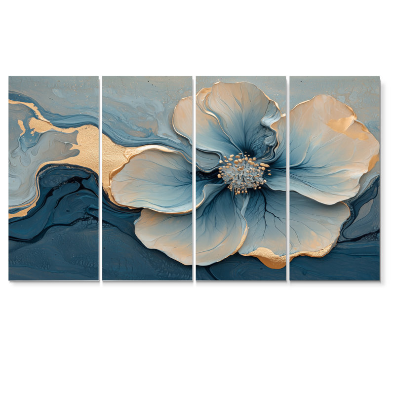 Abstrait géranium marbré en bleu doré I - Art mural marbré - Art mural moderne sur toile, H 32 po x l 64 po