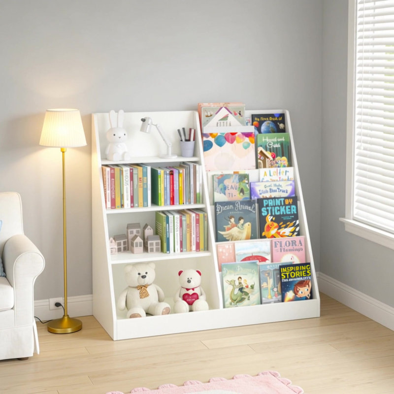 Bibliothèque multifonctionnelle pour enfants en bois à 4 niveaux avec présentoir à bibliothèque