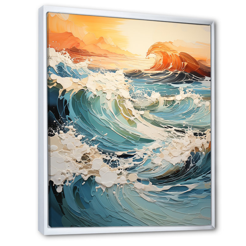 Teal Waves Fight II - Nautique et plage, reproduction d'art sur toile, H 20 po x l 12 po x P 1 po, Cadre flottant blanc
